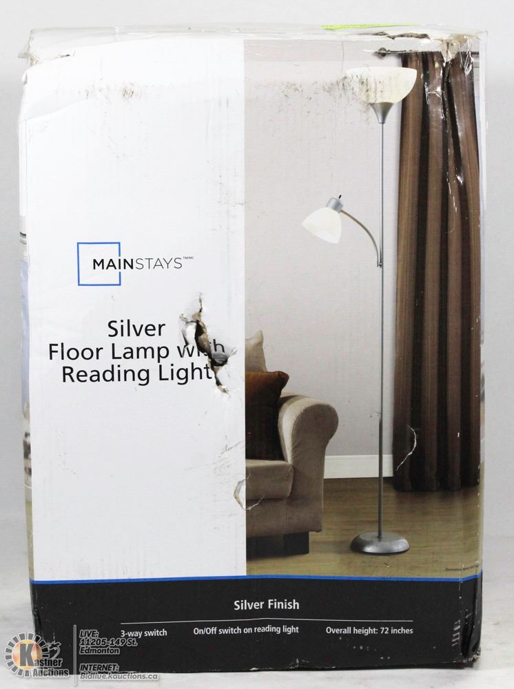 MAINSTAYS SILVER FLOOR LAMP WITH READING LIGHT