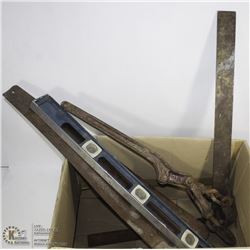 BOX OF TOOLS INCL CHAIN BOOM, LEVEL, SAW ETC