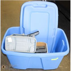 2 LARGE BLUE PLASTIC BINS WITH LIDS