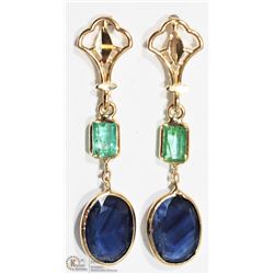 #38 -10K Y. GOLD SAPPHIRE & EMERALD DROP EARRINGS