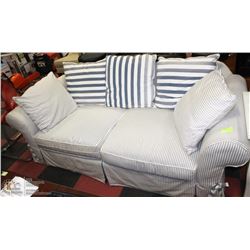 16) BLUE AND WHITE PIN STRIPED COUCH
