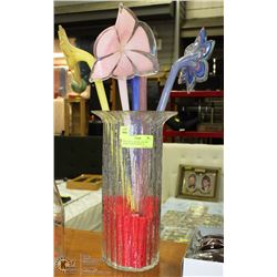 VASE WITH 5 MURANO BLOWN GLASS FLOWERS MADE IN