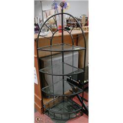 WROUGHT IRON AND GLASS CORNER BAKERS RACK