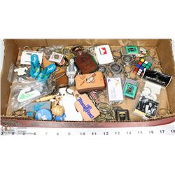 FLAT OF KEY CHAINS / TAGS, INCLUDES GUINESS, RUBIX