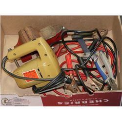 FLAT OF BOOSTER CABLES, B & D JIG SAW, VICE,