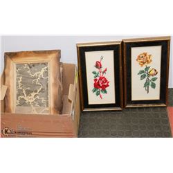 LOT OF 2 WOOD FRAMED MIRROR SHELVES AND 2 FLORAL