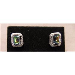 EARRINGS - EMERALD FACETED OCEAN BLUE MYSTIC TOPAZ & DIAMOND IN STERLING SILVER SETTING - RETAIL EST