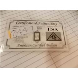 SILVER BAR - SEALED AND WITH CERTIFICATE OF AUTHENTICITY - 5 GRAINS