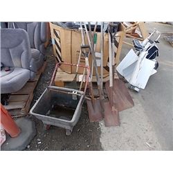 GARDEN BIN ON WHEELS AND GARDEN TOOLS