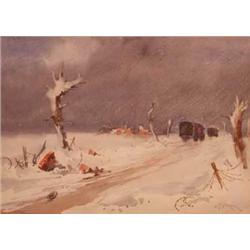 W P Starmer; a framed and glazed watercolour wintry scene "To Ypres", signed, 27 x 36cm...