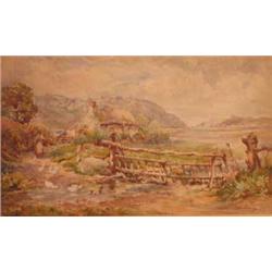 William Cartledge; a framed and glazed watercolour of a woman with ducks outside a cottage in rur...