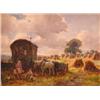 Image 1 : G H Constantine; an unframed watercolour of figures and horses outside a gypsy caravan, inscribed...