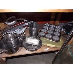 SHELF OF BAKING PANS, CURTAIN ROD  & MORE