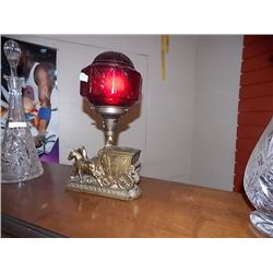 VINTAGE HORSE & WAGON LAMP - BRASS & CRANBERRY GLASS