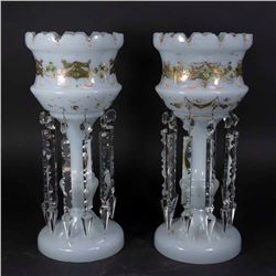 Pair Victorian Bristol Glass Hurricane Urns