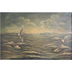 O. Haslund, Oil on Canvas, Seagulls