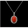 Image 1 : 14KT White Gold 4.16 ctw Coral and Diamond Pendant With Chain