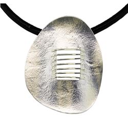 Matte Oval Pendant Leather Necklace - Rhodium Plated