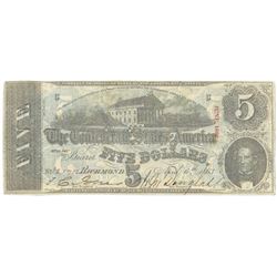 1863 $5 The Confederate States of America Note T-60 CC