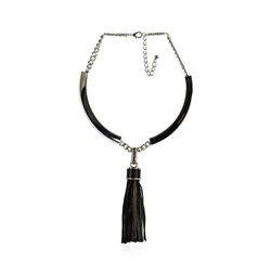 Leather Tassel Pendant Necklace - Rhodium Plated