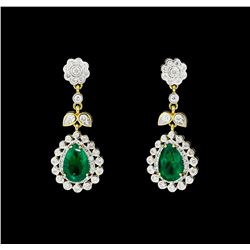 4.66 ctw Emerald And Diamond Earrings - 18KT Yellow Gold with Rhodium Plating