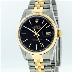 Rolex Mens Two Tone Black Tapestry Index Dial Datejust Wristwatch