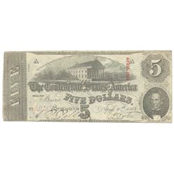 1863 $5 The Confederate States of America Note T-60 CC