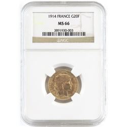 1914 France 20 Francs Gold. NGC Certified MS66.