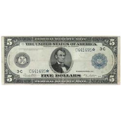 Star Note: 1914 $5 Federal Reserve Note - Philadelphia. FR# 855C*.