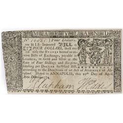 Colonial Currency: Maryland $4 Four Dollars Note April 10, 1774.