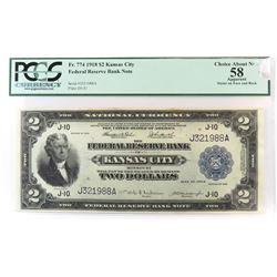 1918 $2 Federal Reserve Note - Kansas City. PCGS Certified Choice About New 58 - apparent stains on