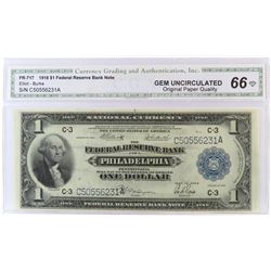 1918 $1 Federal Reserve Note - Philadelphia. FR# 717. CGA Certified GU66.