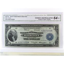 1918 $1 Federal Reserve Note - Boston. FR# 710. CGA Certified CU64.