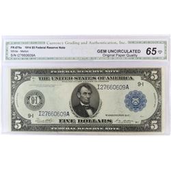 1914 $5 Federal Reserve Note. FR# 879a. CGA Certified GU65.