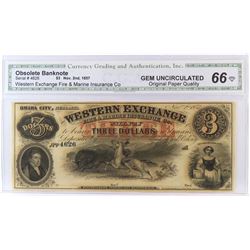 Obsolete Note: 1857 $3 Western Exchange Fire  Marine Insurance Co. CGA Certified GU66.