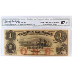 Obsolete Note: 1857 $1 Western Exchange Fire  Marine Insurance Co. CGA Certified GU67.