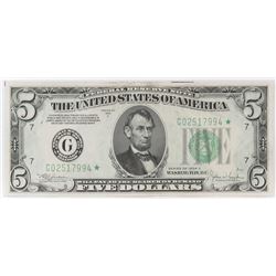 Star Note: 1934-C $5 Federal Reserve Note. FR# 1959-G*.