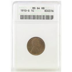 1910 S Lincoln Wheat Cent. ANACS Certified MS64RB.