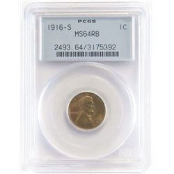 1916 S Lincoln Wheat Cent. PCGS Certified MS64RB.