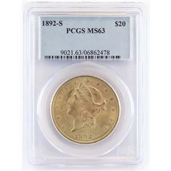 1892 S $20 Liberty Gold. PCGS Certified MS63.