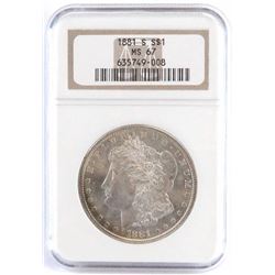 1881 S Morgan Dollar. NGC Certified MS67.