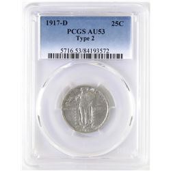 1917 D Ty.2 Standing Liberty Quarter. PCGS Certified AU53.