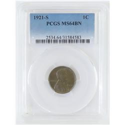 1921 S Lincoln Wheat Cent. PCGS Certified MS64BN.