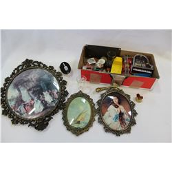 BOX OF COLLECTIBLE MINIATURES AND THREE VINTAGE OVAL FRAMES