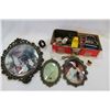 Image 1 : BOX OF COLLECTIBLE MINIATURES AND THREE VINTAGE OVAL FRAMES