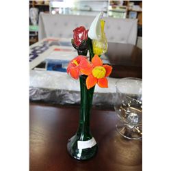 ART GLASS FLOWERS IN GREEN GLASS VASE