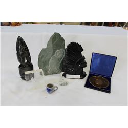 LOT OF STONE CARVINGS AND METAL PLATE