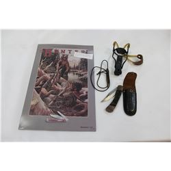 SIGNED REMINGTON AD AND KNIFE AND SLING SHOT AND BULLET CASE NECKLACE