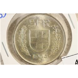1965 SWITZERLAND SILVER 5 FRANCS .4027 OZ. ASW