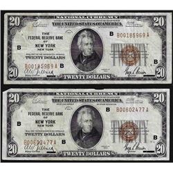 Lot of (2) 1929 $20 Federal Reserve Bank of New York National Currency Notes